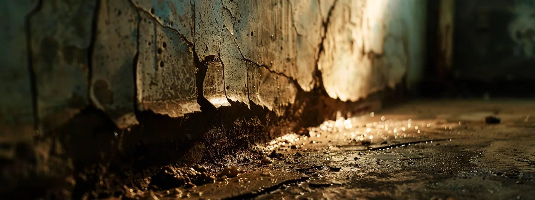 a close-up view of a distressed home foundation featuring notable cracks and bowing walls, set in a dimly lit urban basement environment, highlighting the complexities involved in waterproofing assessments.