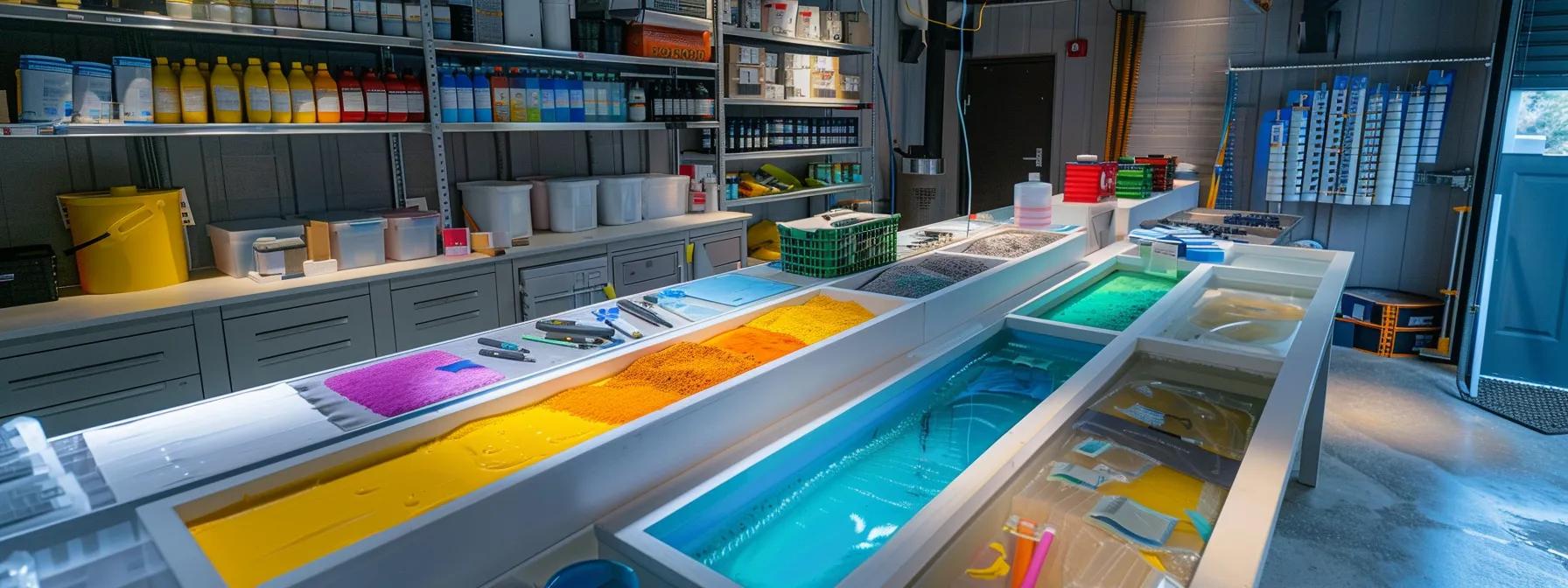 a meticulously arranged basement waterproofing workshop showcases various sealant samples and drainage system designs against a sleek, professional backdrop, emphasizing the complexity and precision involved in determining waterproofing costs.