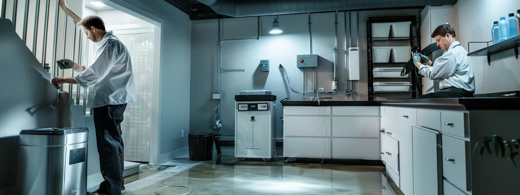 a modern, sleek basement space showcases cutting-edge waterproofing technology, featuring an airport-grade dehumidifier and stylish mold-resistant finishes, while a knowledgeable technician examines intricate plumbing and window well repairs in a well-lit, organized environment.