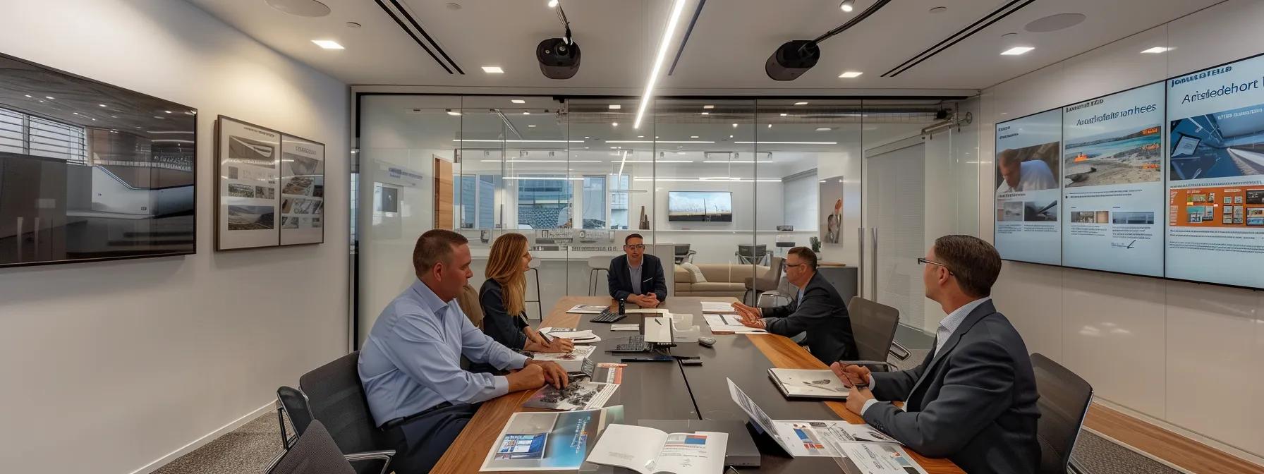 a modern, well-lit office conference room features a professional team discussing basement waterproofing strategies, with detailed brochures and plans spread across a sleek table, emphasizing the importance of selecting a reliable contractor for effective service and fair pricing.