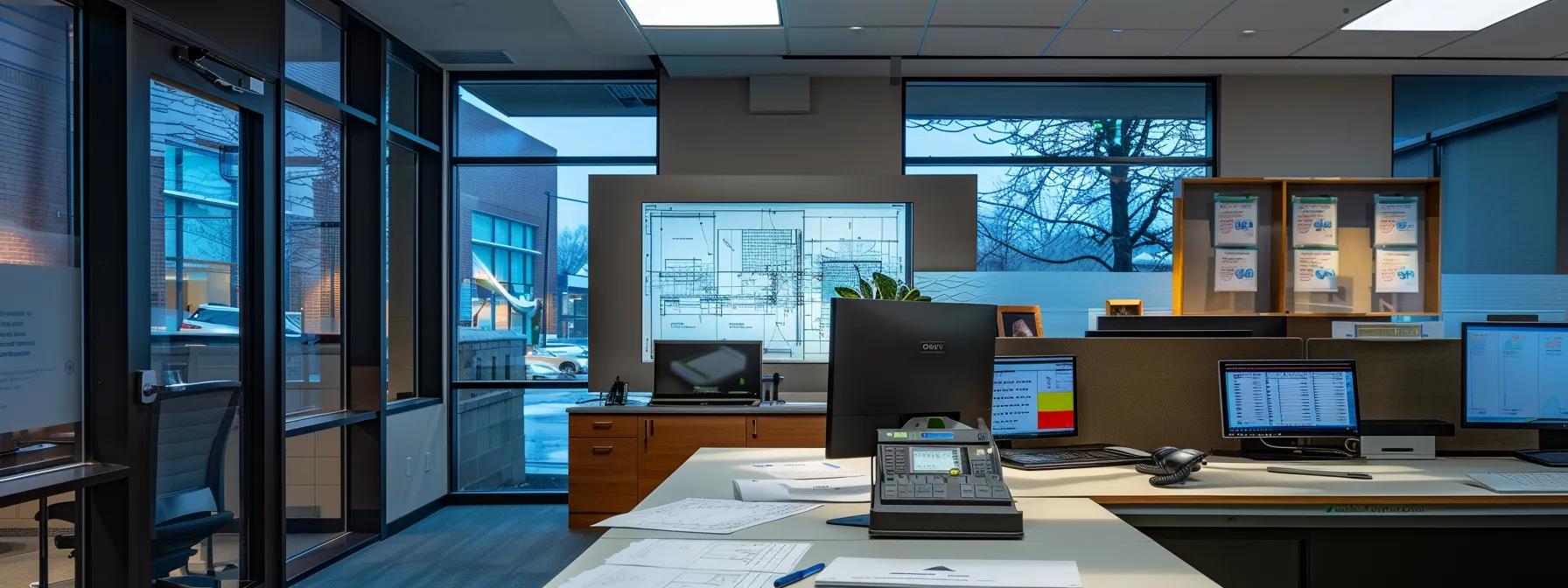 a modern, well-lit office space features a sleek desk with blueprints and cost breakdowns for basement waterproofing services prominently displayed, emphasizing the complexities and varying expenses in akron's market.