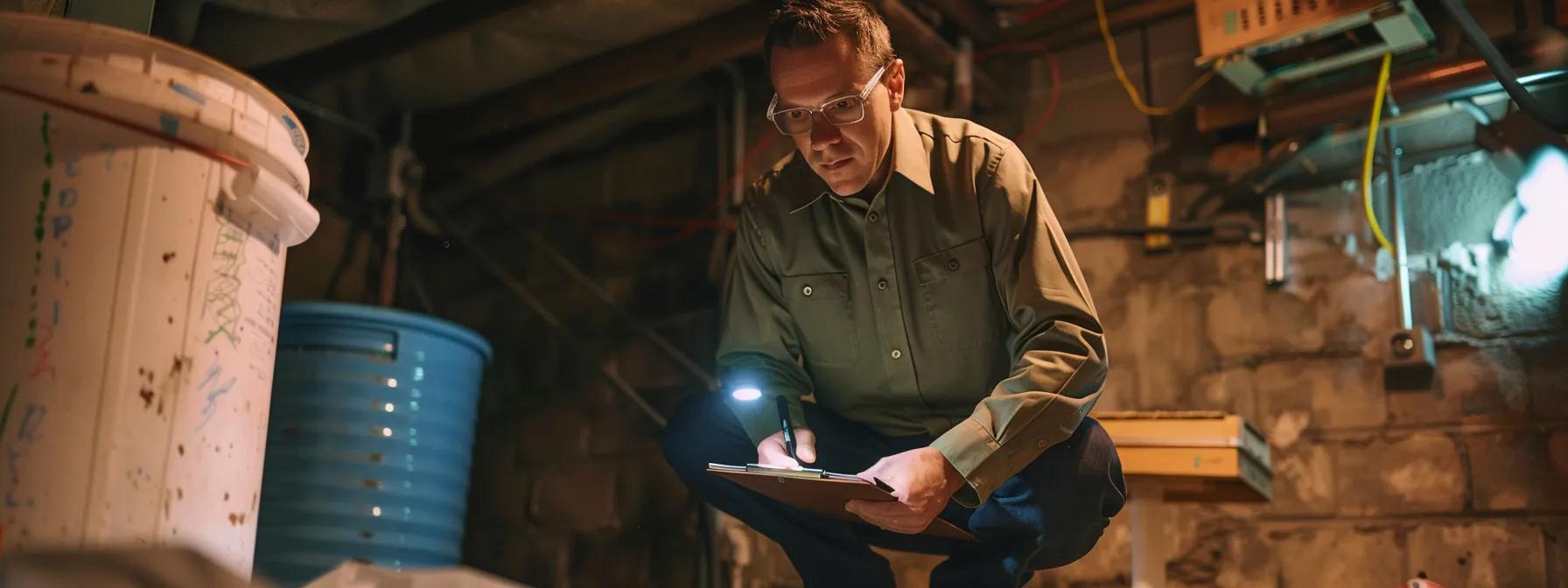 a professional waterproofing contractor conducts a thorough inspection of a dimly lit basement, using a flashlight to reveal signs of water intrusion while taking notes on a clipboard in an organized, clutter-free environment.