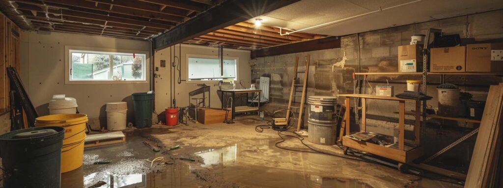 a well-lit, modern basement undergoing waterproofing, featuring construction materials and tools arranged neatly, emphasizing the complexity of the waterproofing process in an urban akron setting.
