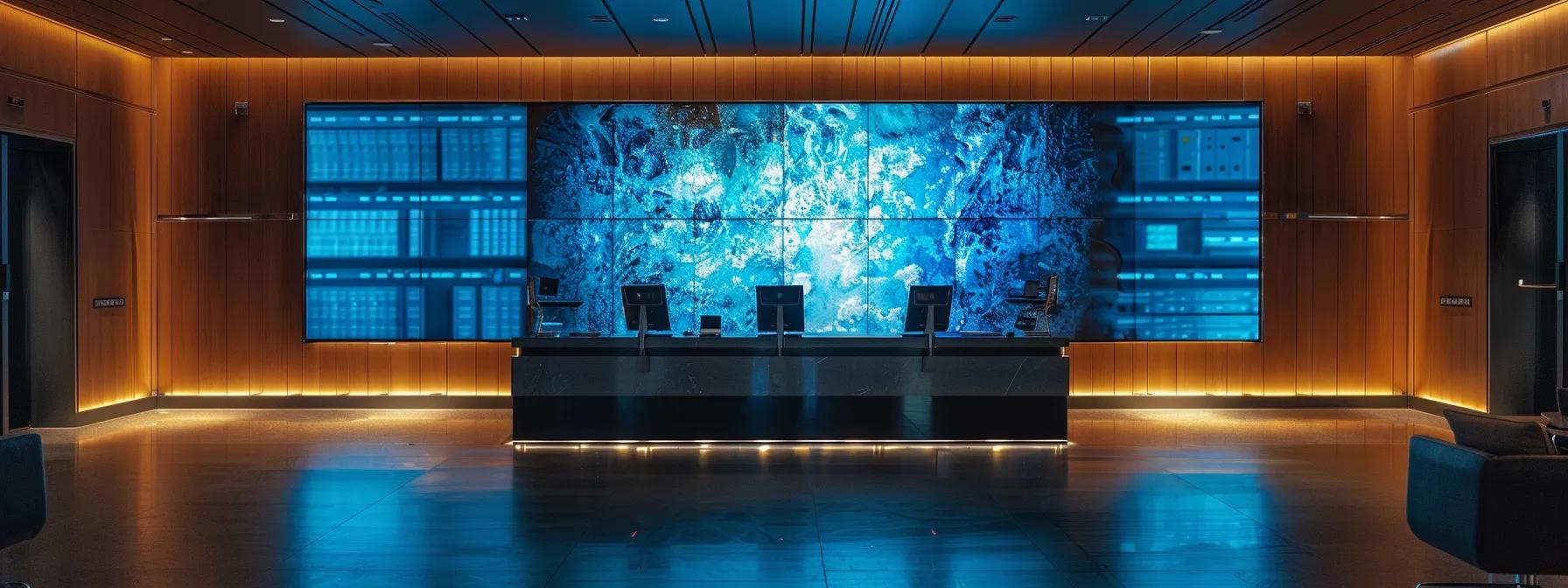 a highly polished office setting showcases a professional team collaborating over a detailed presentation of advanced waterproofing solutions, with a digital display emphasizing key features and benefits of foundation protection against moisture.