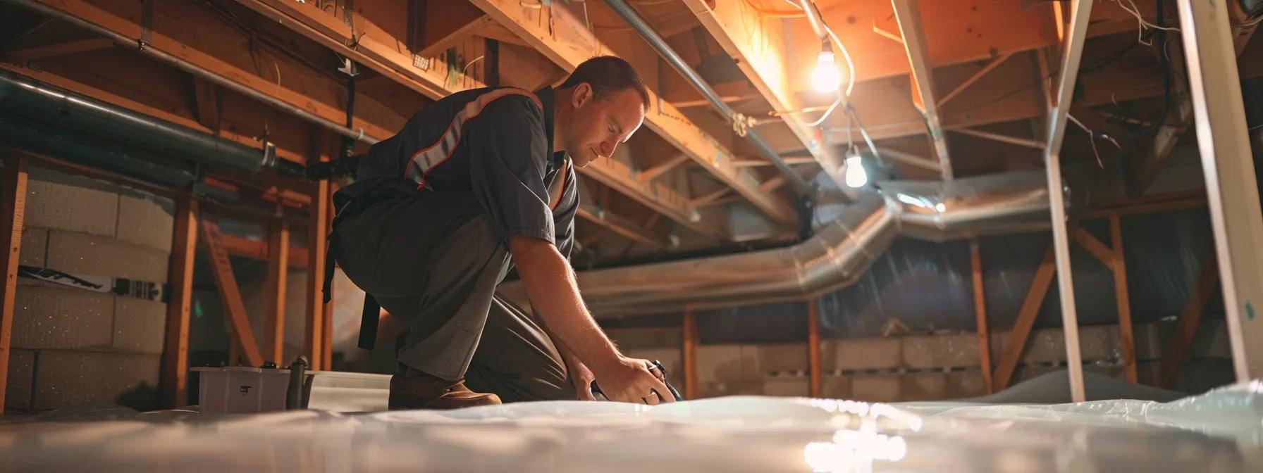 a professional contractor inspects a robust basement waterproofing system in an akron home, with high-quality materials and tools clearly displayed, symbolizing trust and expertise in safeguarding properties from water damage.