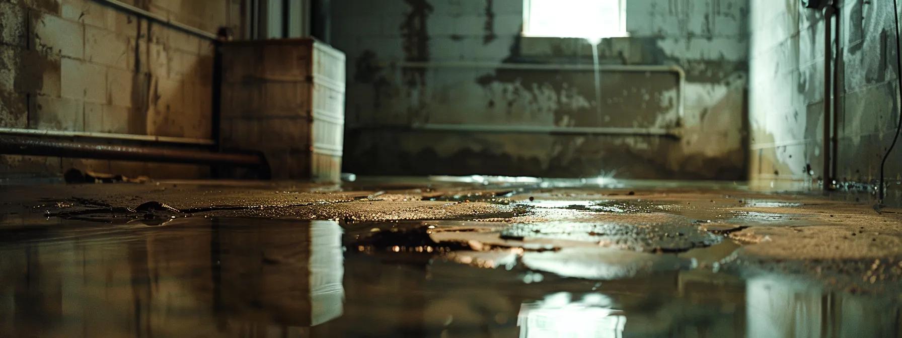 a dimly lit basement in an akron home reveals pooling water on the concrete floor, with visible water stains and efflorescence on the foundation walls, capturing the urgency of moisture intrusion issues.