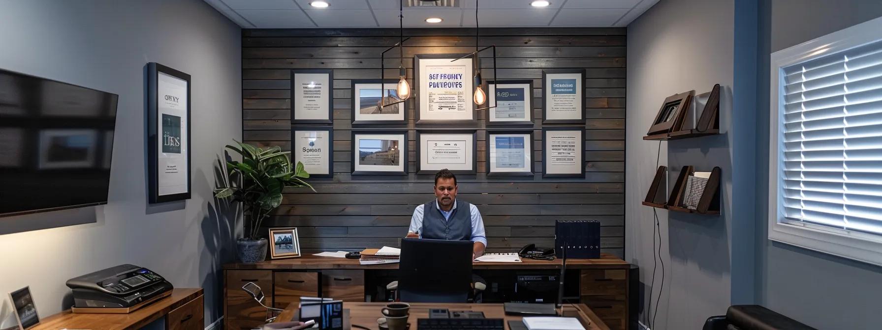 a professional indoor consultation room features a confident contractor presenting a detailed waterproofing proposal, surrounded by framed certifications and customer testimonials, illuminated by focused overhead lighting.