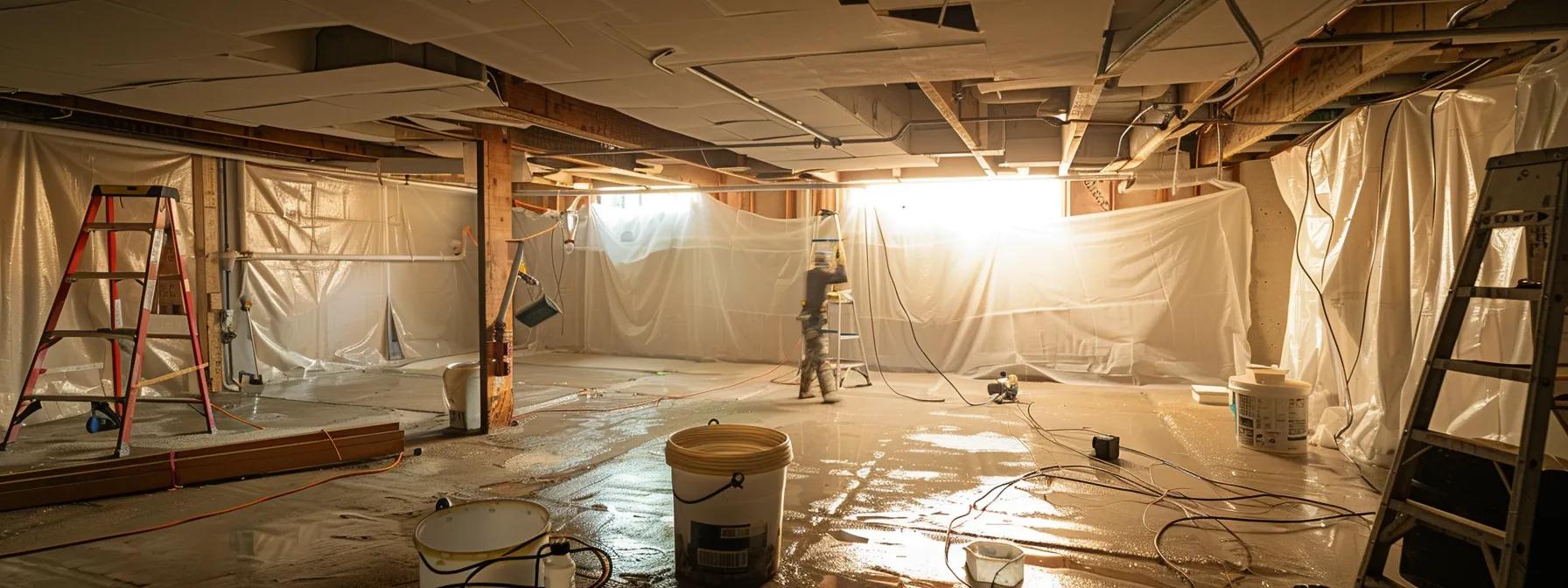 a well-lit, professional basement undergoing waterproofing, showcasing skilled contractors using advanced equipment to assess and repair water damage while emphasizing a clean, organized work environment.