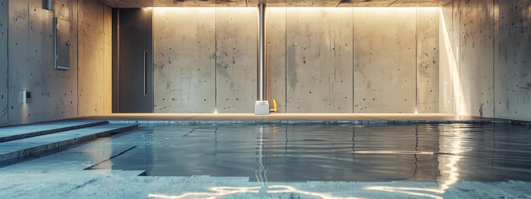 a sleek, modern basement featuring a professionally installed sump pump set against a backdrop of polished concrete walls, highlighting its efficient design and automated water removal system in action.