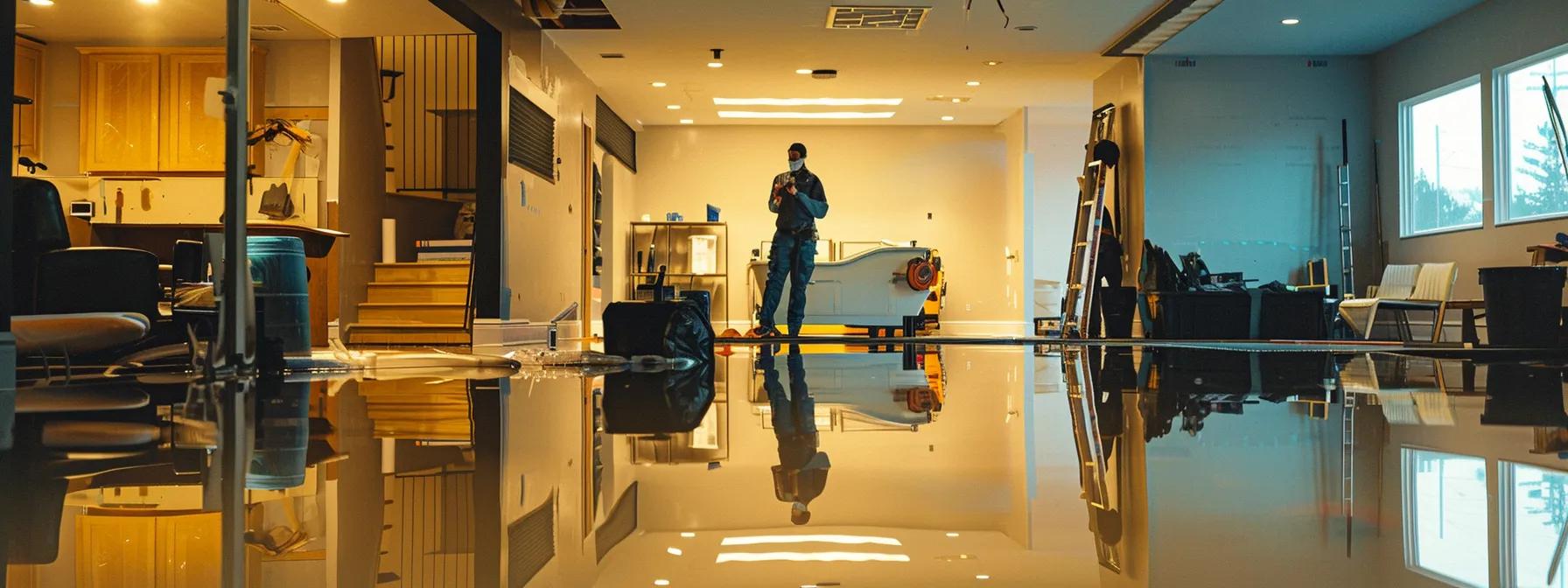 a modern akron basement undergoing professional waterproofing, showcasing advanced equipment and materials, while workers assess the severity of water damage in a bright, well-organized indoor environment.