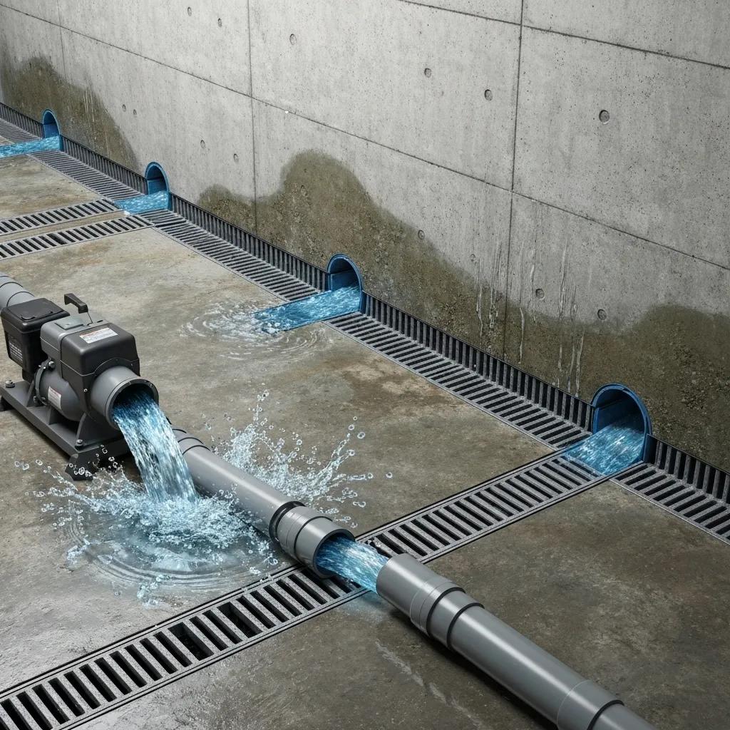 Commercial drainage system with French drains and sump pump in a basement