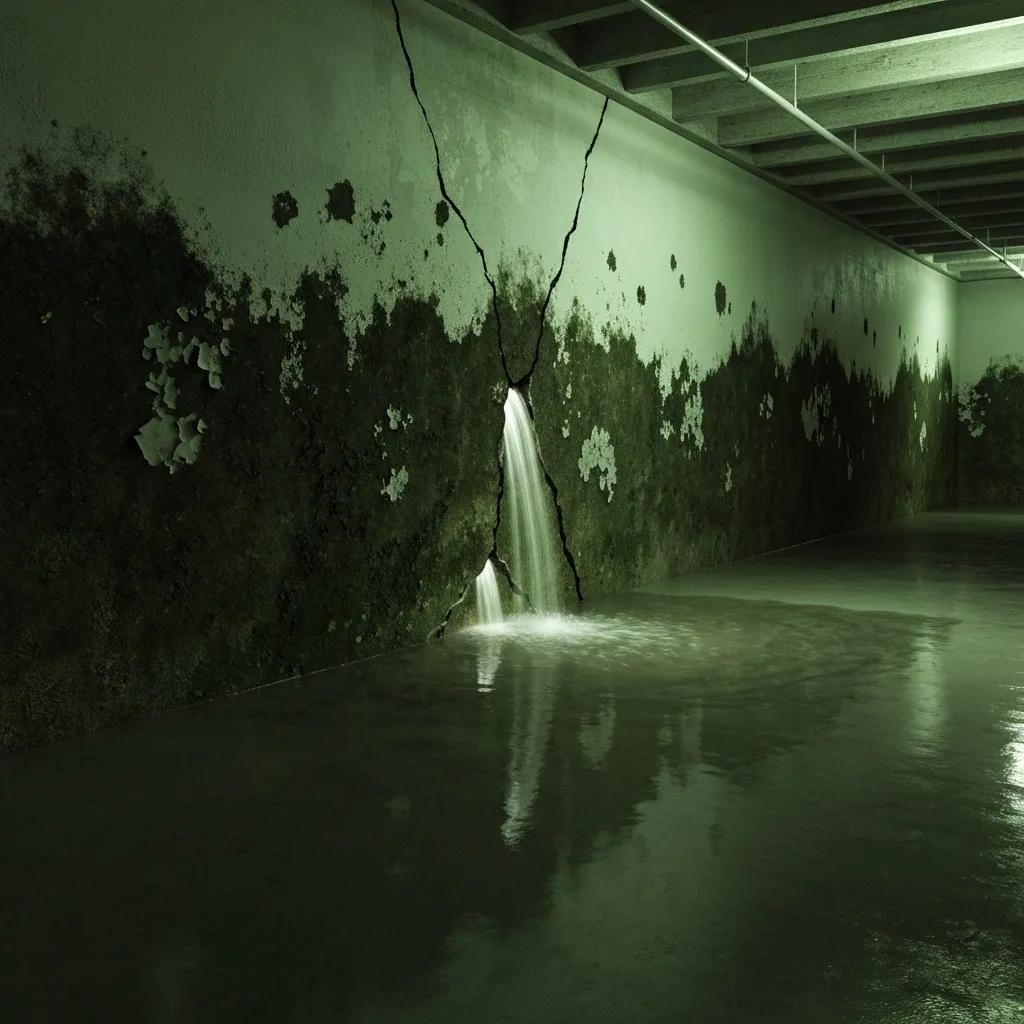 Water intrusion through cracks in a basement wall due to hydrostatic pressure