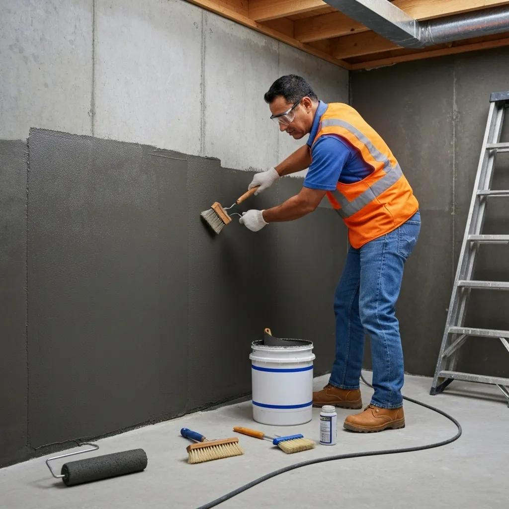 Contractor applying waterproofing solutions in an Akron basement