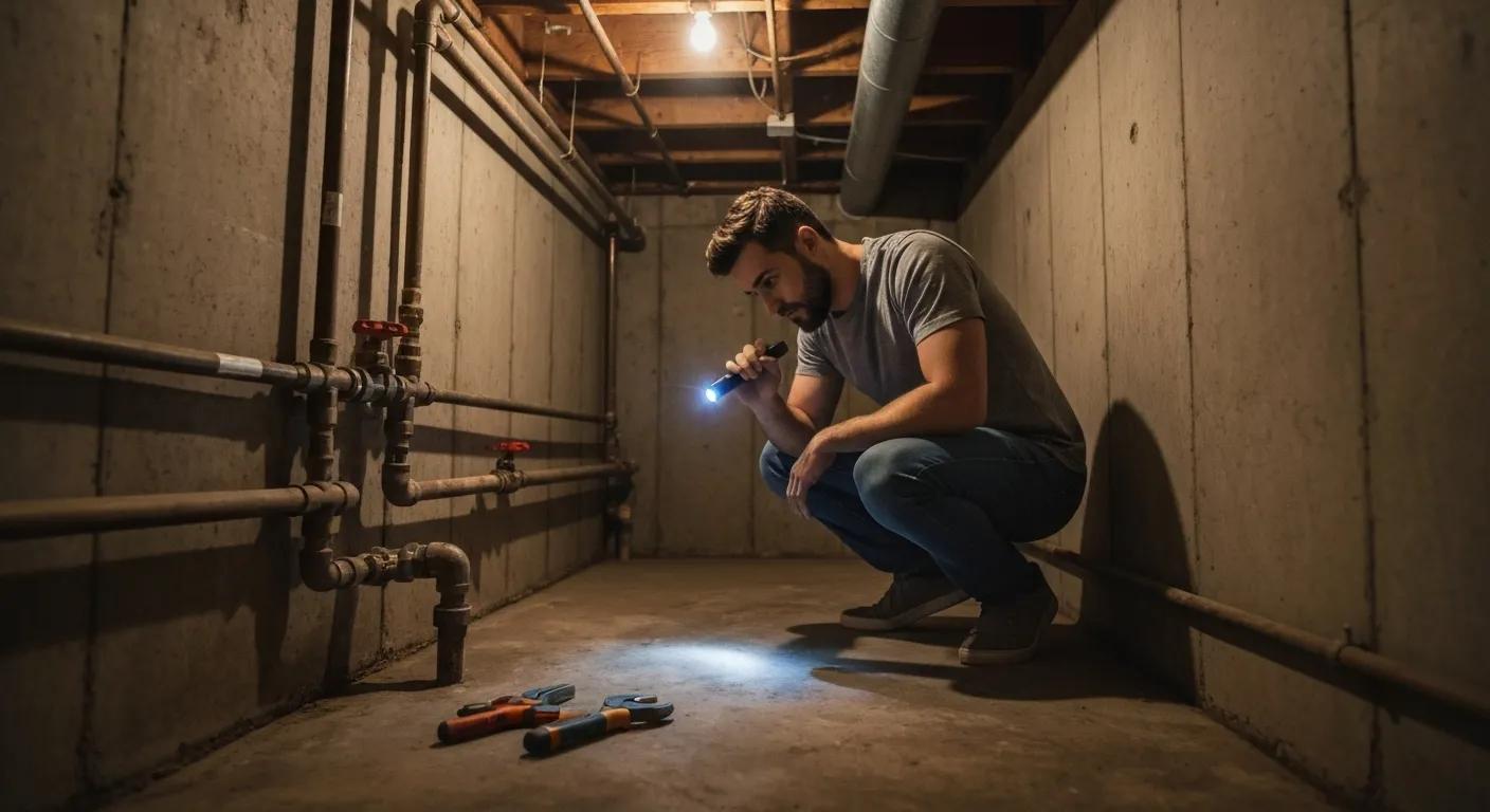Homeowner inspecting basement plumbing for maintenance